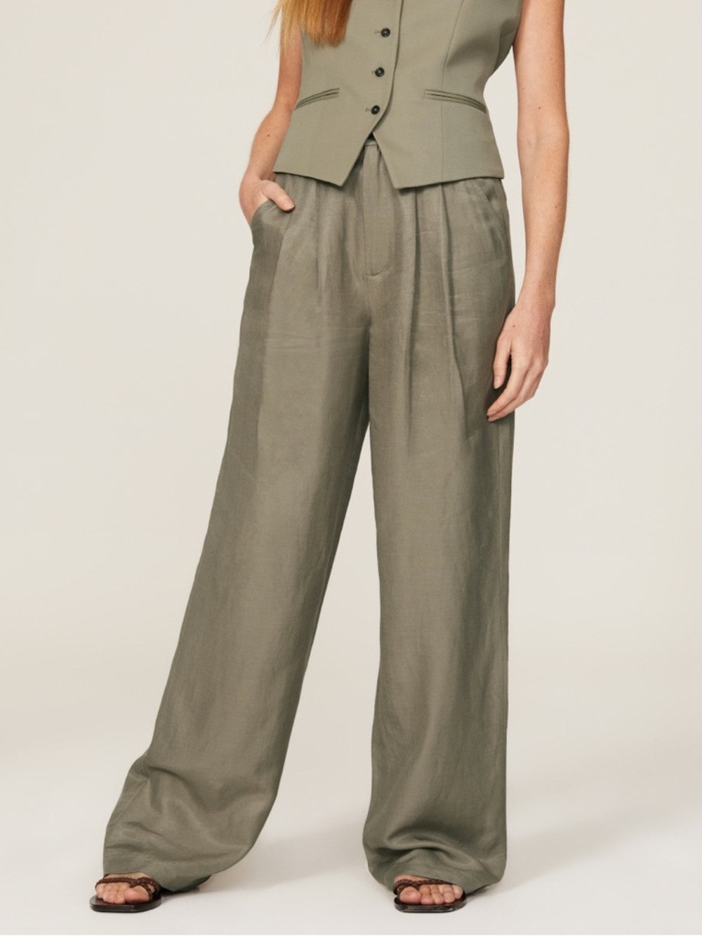 Anine Bing Carrie Green Wide-Leg Linen Blend Pants XS Business Casual Luxury